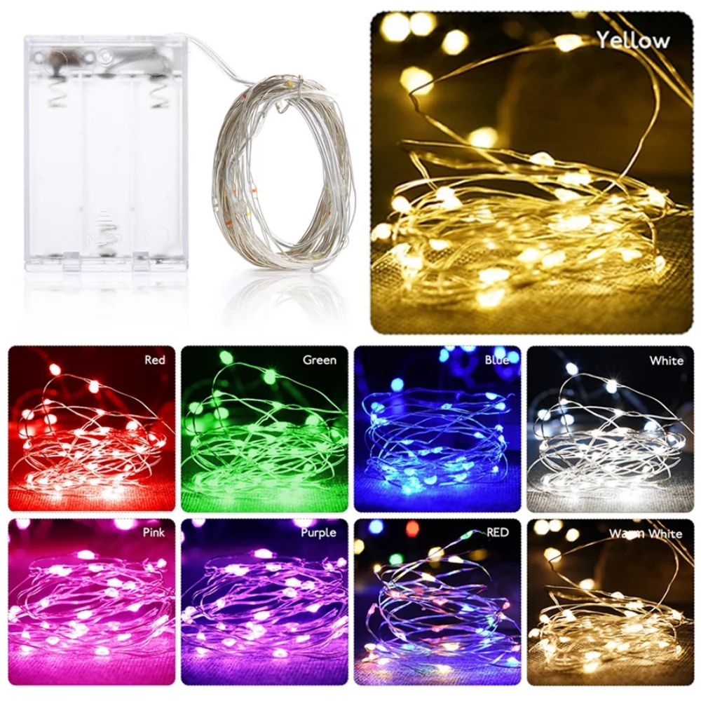 Guirlande lumineuse LED en fil de cuivre, 2m, 3m, 5m, 10m, alimentée par batterie, pour , noël, décoration de fête de mariage