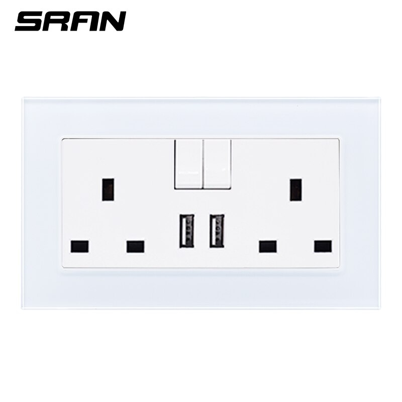 Sran hærdet glas panelmateriale 146*86mm med afbryder stikkontakt vægstik boligindretning usb-stik mobilport: A6 hvide