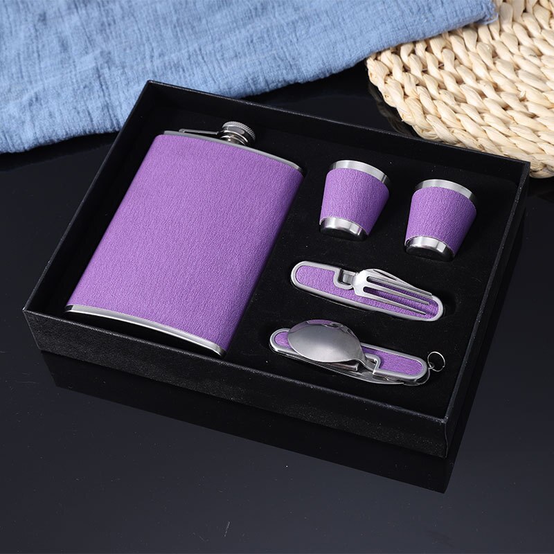 9OZ Portable Flagon Hip Flask set with cups funnel fork spoon purple for Whiskey Vodka Wine Pot Alcohol Drinking Bottle