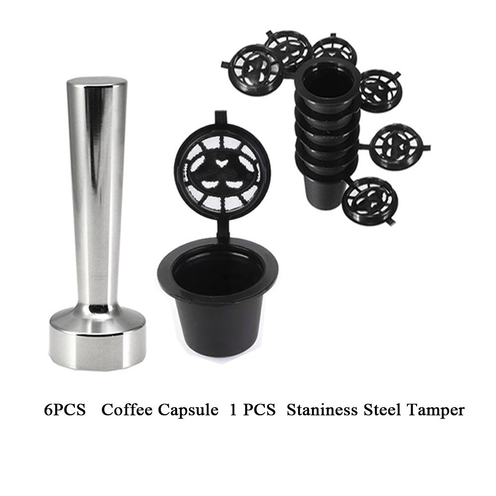6 Stk/set Herbruikbare Nespresso Capsules Cup Met Lepel Borstel Zwart Navulbare Koffie Capsule Bijvullen Filter Coffeeware: 6 Capsules 1 Tamper