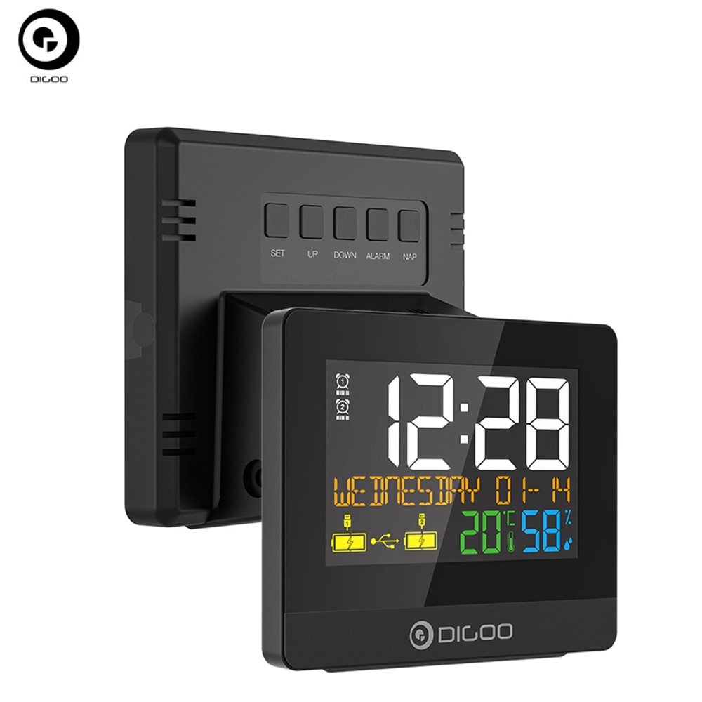 DIGOO Dual USB Charging Port Alarm Clock Hygrometer 10W Phone Charger Snooze NAP Countdown Desktop Temperature Humidity Sensor