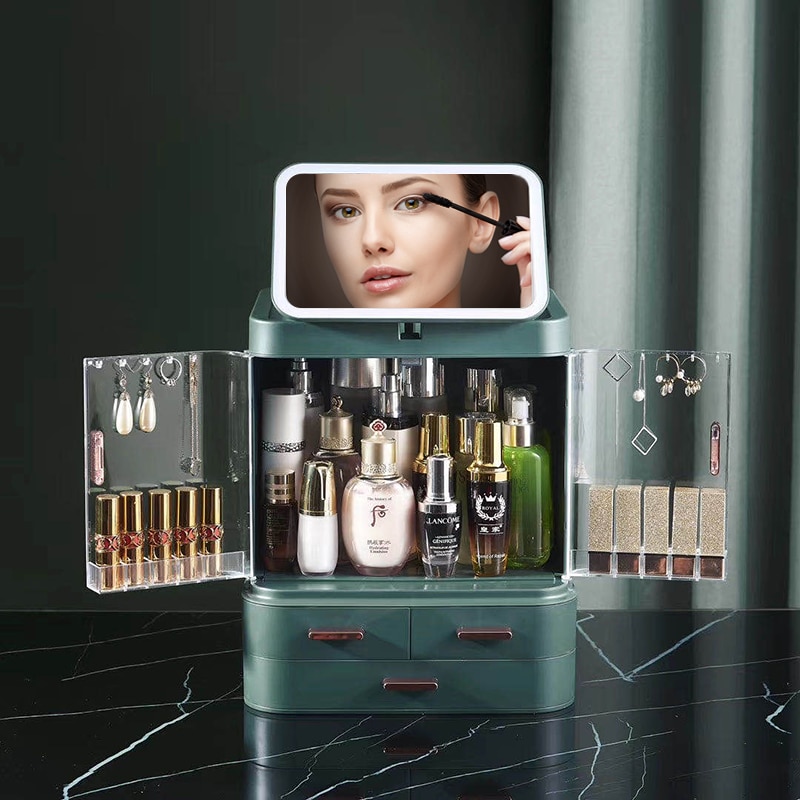 LED Light Makeup Mirror Cosmetic Storage Jewelry Container Lipstick Showcase Drawer Skin Care Products Cabinet Organizer-Cosmeti