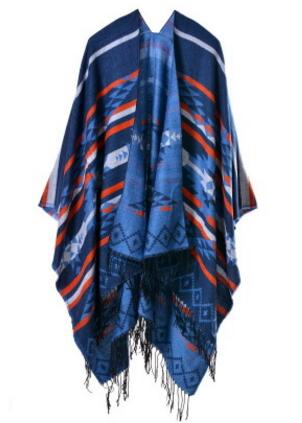 Écharpe ethnique Poncho femme | Bohème, imprimé, sculptures de couverture dame en tricot, châle gland Cape épaisse Pashmina, automne hiver: Bleu ciel