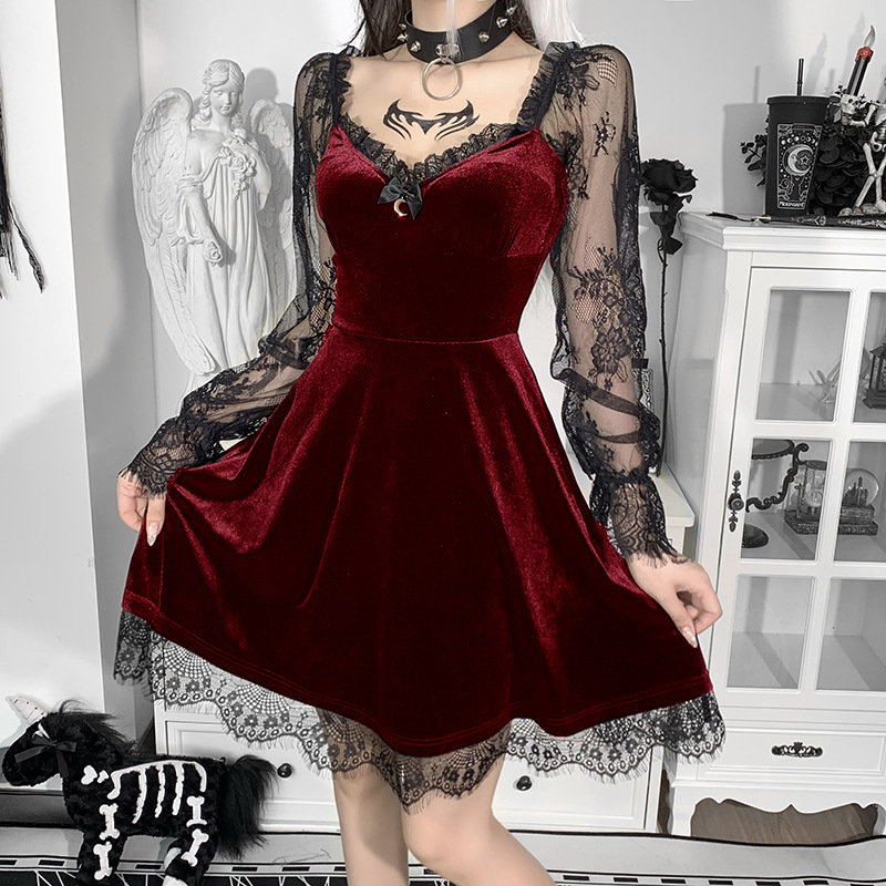 E-girl – Mini robe gothique noire Grunge, garniture en dentelle, taille haute, moulante, Y2K, Vintage des années 90, Punk, Harajuku, vêtements Lolita