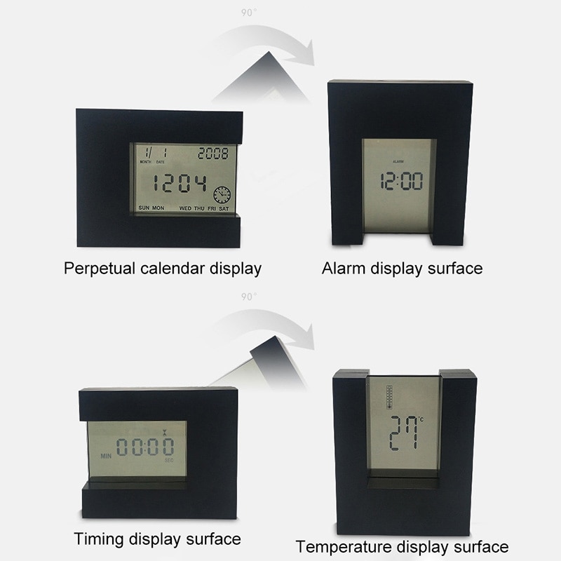 360 Degree Overturn LED Digital Alarm Clock Temperature Thermometer Desk Time Date Display Calendar Timer Table Led Clock