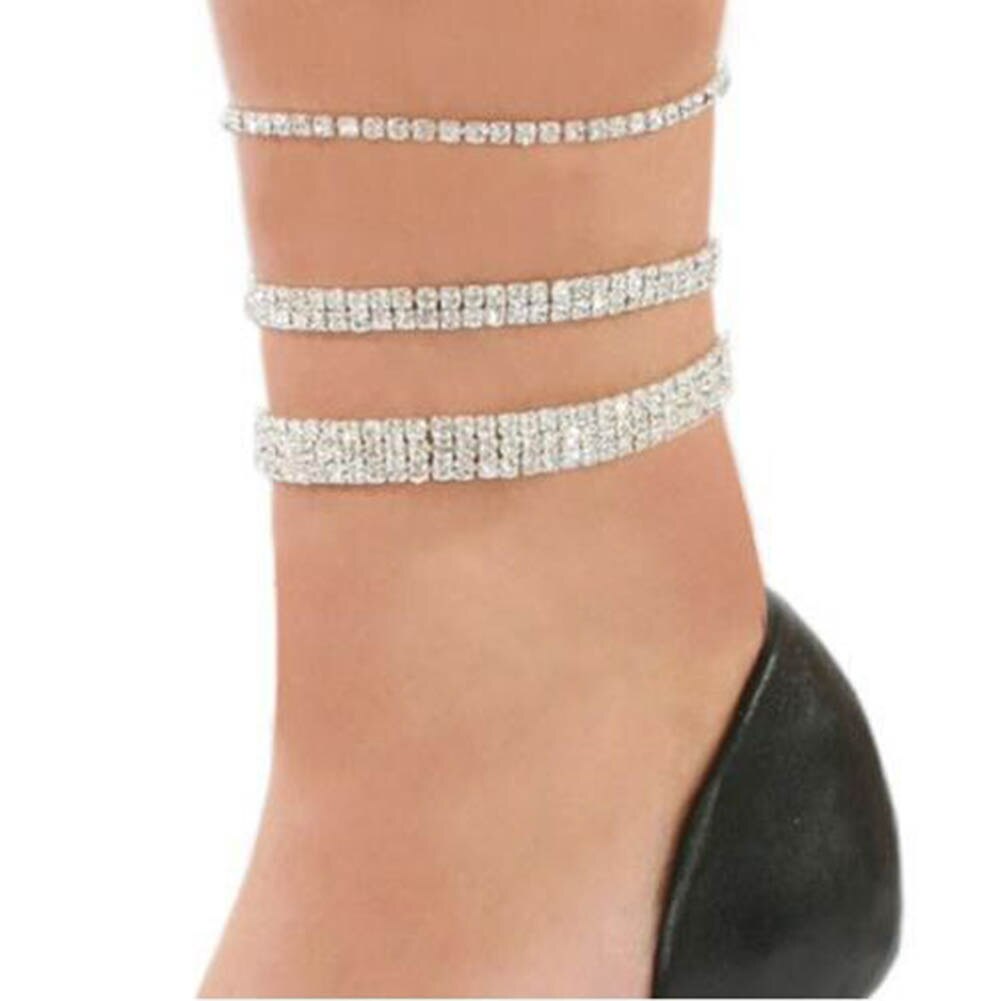 Women Ankle Bracelet Stretch Multi Rows Anklet Chain Diamante Rhinestones Jewelry KQS8