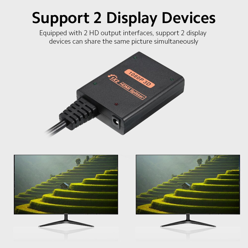 HD Splitter 1 in 2 out 1080P Image 3D Effect Compatible with PC/Laptop/Game Console/Set-top Box/Projector/TV/Monitor