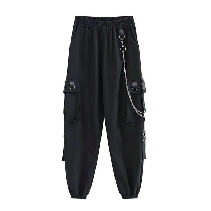 Harajuku sorte cargo bukser kvinder kæde brede ben hip hop streetwear kvinder bukser løse kvindelige baggy bukser mænd