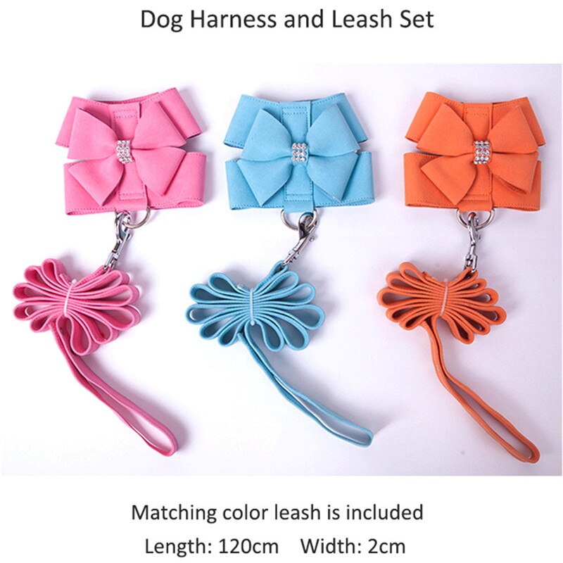 Harnais en cuir suédé souple pour petit chien, pour chiot, Chihuahua Yorkie, mignon, avec nœud en laisse, strass rose