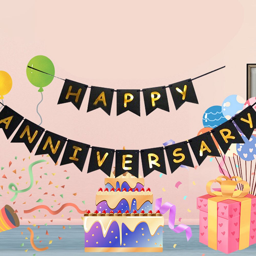 Happy Anniversary Banner Sparkling Gold Foiled Sign Banners Bronzing Letter Pull Flag Anniversary Party Wedding Decoration