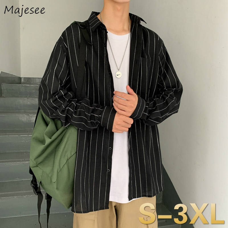 Herenoverhemden gestreept plus size 3xl los eenvoudig vrijetijdsoverhemd heren lange mouw chic retro dagelijks bovenkleding all-match koreaanse stijl