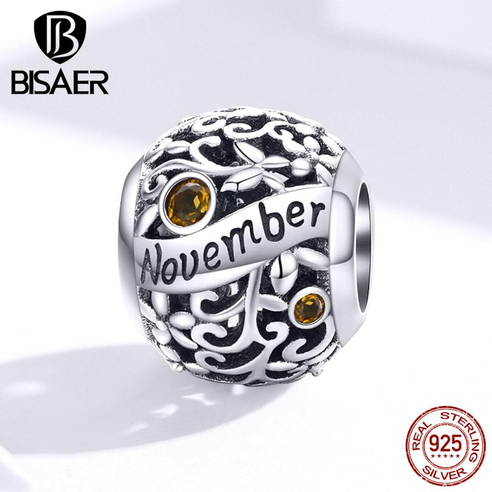 Birthstone Beads BISAER 925 Sterling Silver Birthday Stone Beads Birthstone Charms fit Bracelets DIY Jewelry ECC1385