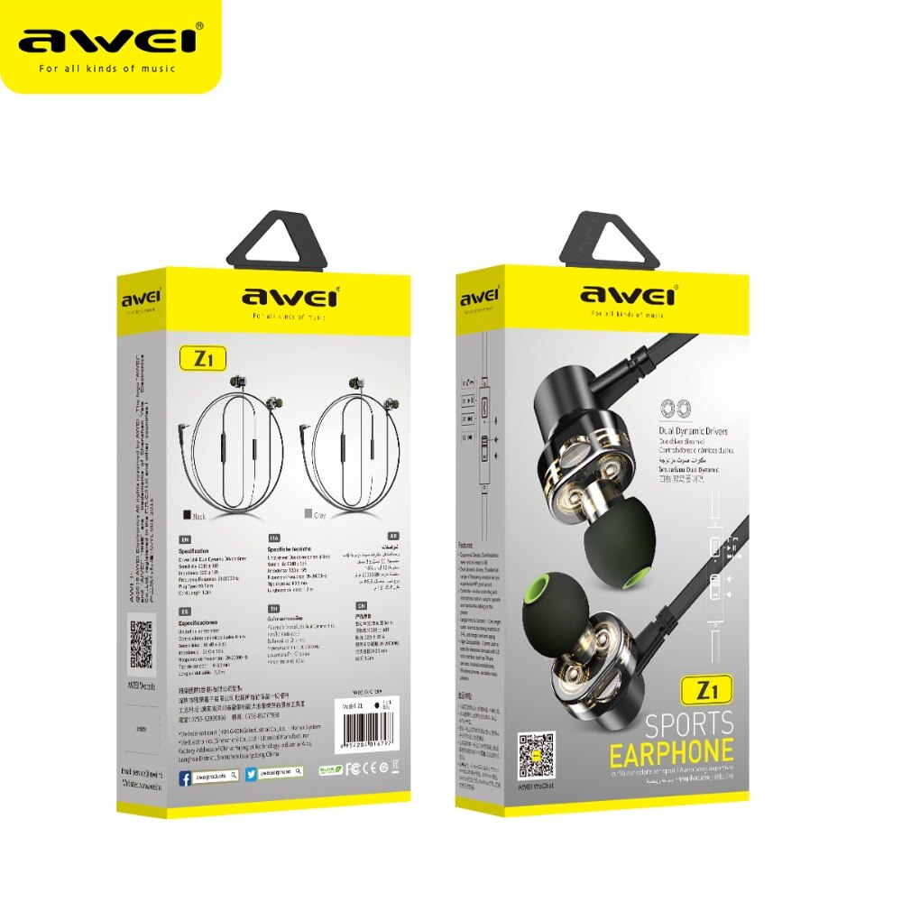 Awei  z1 sport bekabelde headset met microfoon stereo in-ear muziek oordopjes 3.5mm l buigende vier dynamische headset voor telefoon oordopjes