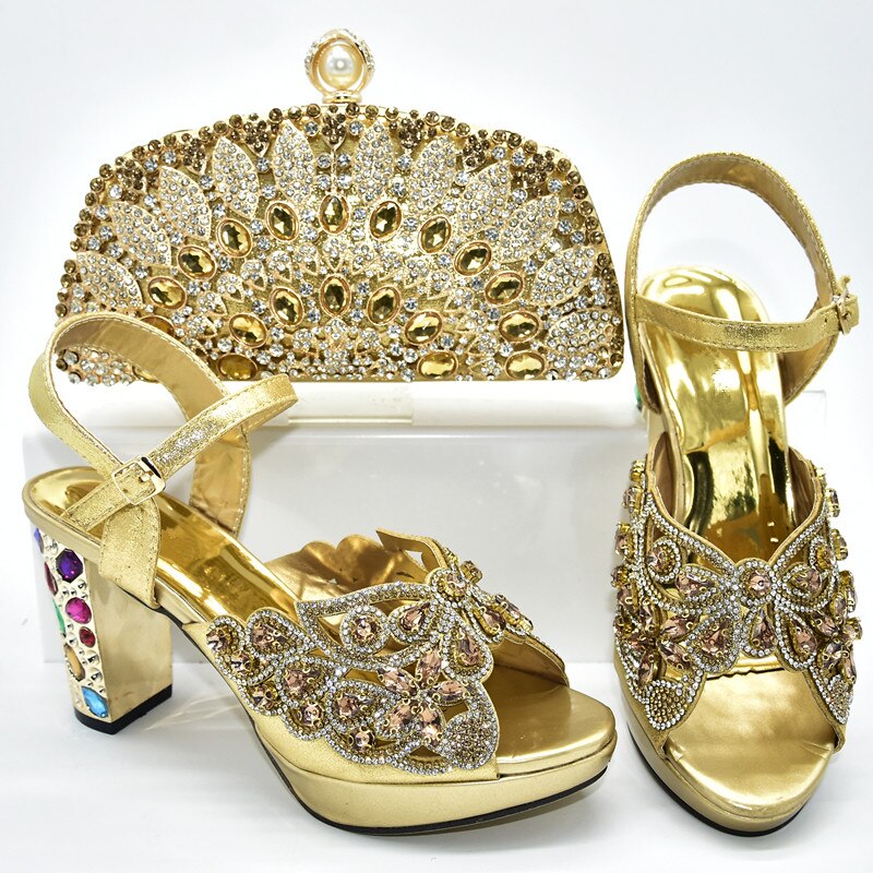 Ladies Italian Shoes and Bag Set Decorated with Rhinestone Women Shoes High Heel Italian Shoes and Bags Matching Set
