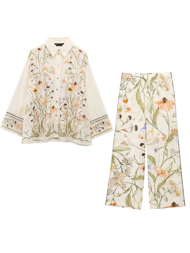 Femmes été 2 pièces ensembles 2025 Vintage imprimé mince chemises amples hauts et pantalons femme rue deux costumes vêtements: M