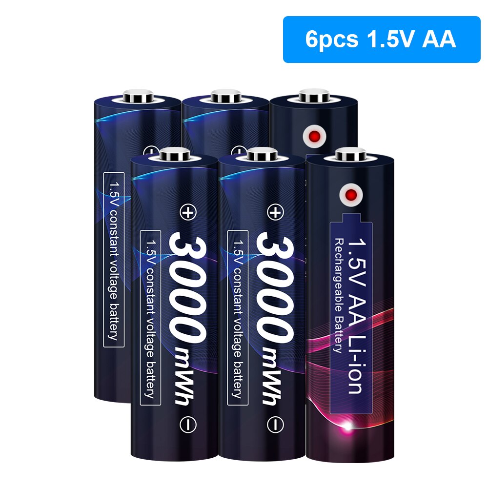 Ajnwnm 1.5v aa lithium genopladeligt batteri 3000 mwh konstant spænding 1.5v aa batteri til fjernbetjening mus blæser elektrisk legetøj: 6 stk aa batteri