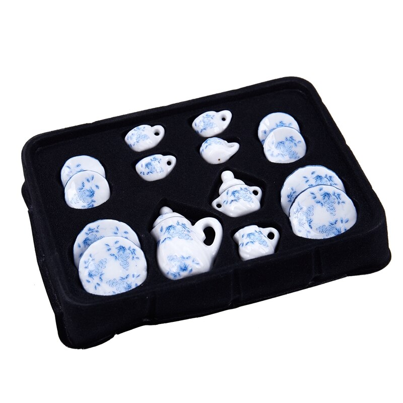Dollhouse Miniature Tea Set, Ceramic, Blue & White, 17 pcs