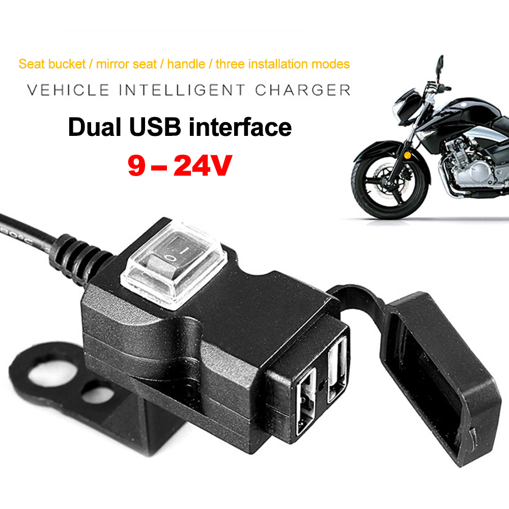 Enchufe USB para motocicleta actualizado, adaptador de fuente de alimentación de 12V con carga de salida USB Dual resistente al agua con interruptor de encendido/apagado para motocicleta: Negro