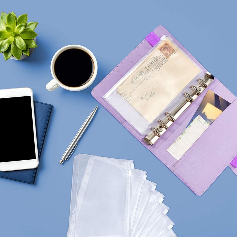 PU Leather Notebook Binder for Filler Paper Magnetic Personal Planner Binder with 12 Pcs Binder Zipper Folder(Purple,A6)