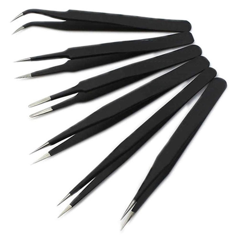 6 Pcs Tip Flat Head Precision Tweezers Set Stainless Steel Anti Static Tool Kit