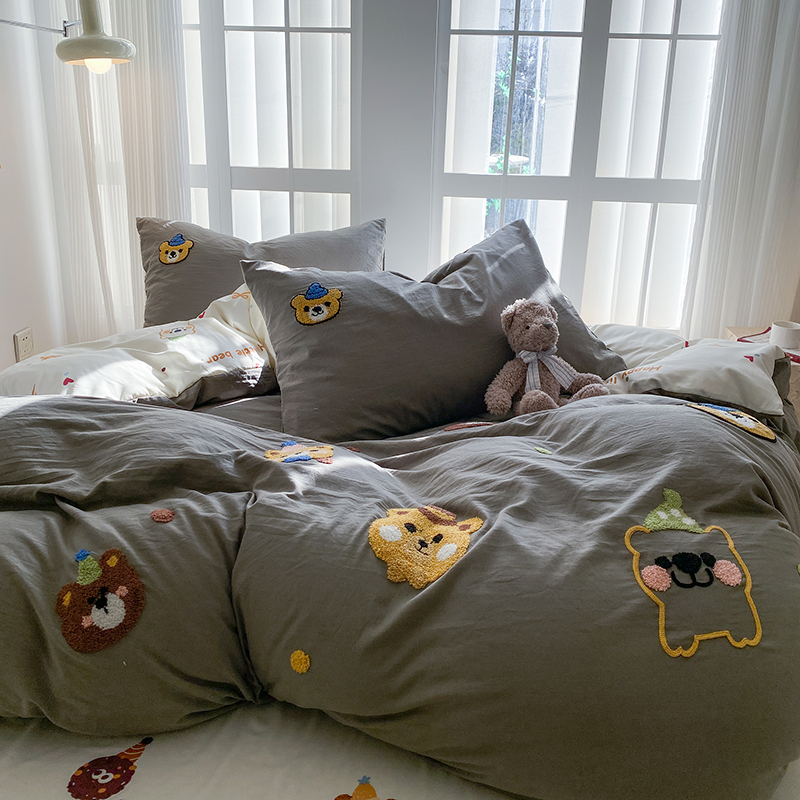 Pussilakanasetti, jossa sininen ja pinkki kirjonta, sekoitus pestyä puuvillaa, minimalistinen, neliosainen setti, jossa on aluslakanoita, pussilakana.: 1.5 / Keltainen / Tasainen lakana