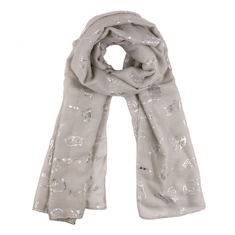 Winfox Ladies Cute Cat Foil Print Scarf Wrap shawl Travel Women Female Black Navy Scarf Autumn Winter Shawls hijab: Gray