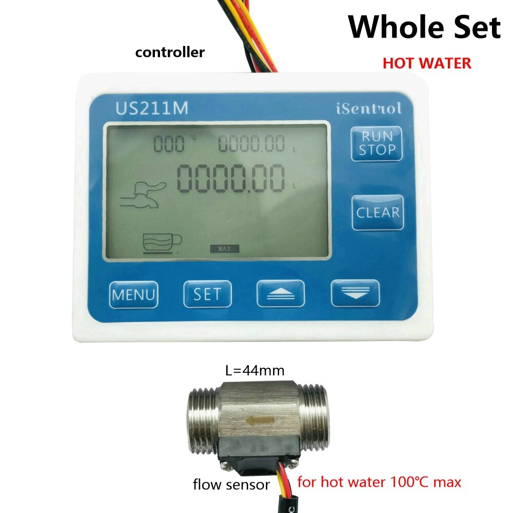 Water Set US211M Digital Water Flow Meter Hall Water Flow Sensor Reader with SUS304 Stainless Steel USS-HS21TI 1-30L/min: whole set