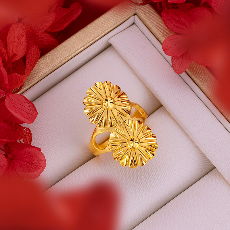 Anillo grande de flor exagerada hueca para mujer, anillos de oro amarillo Real de 18k para mujer, anillo de de boda, , joyería de flores para mujer: Oro