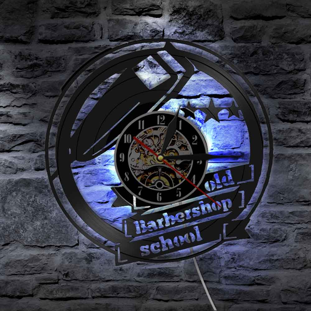 Vintage 12 "vieux Barbershop école vinyle horloge murale LED rétro-éclairage coiffure noir horloge suspendue idée Unique pour salon de coiffure décor