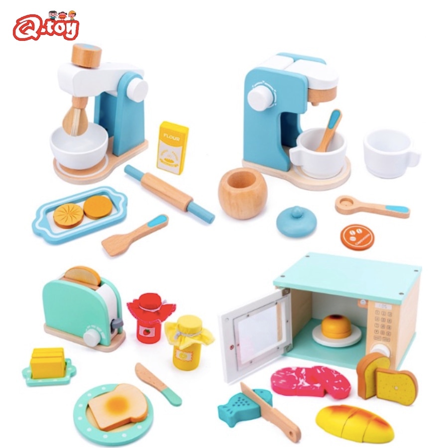 Montessori Educational Toys wooden kitchen toy accessories utensils play set for kids pretend toy play coffee toaster mixer