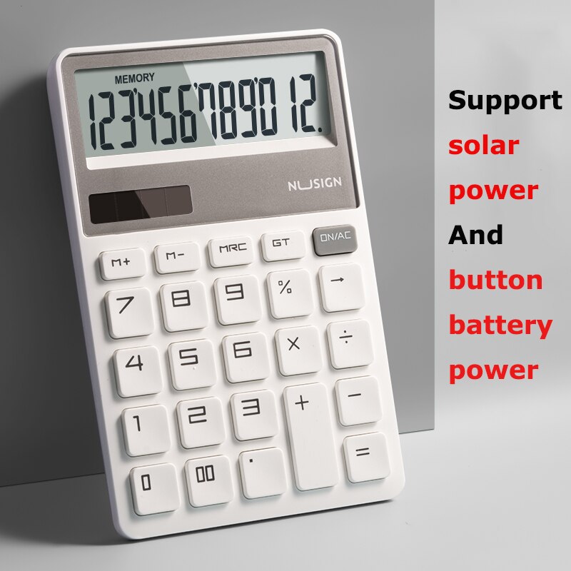 Nusige – calculatrice solaire pour bureau, affichage à 12 chiffres, double alimentation, écran large, bouton de , léger et fin: Beige
