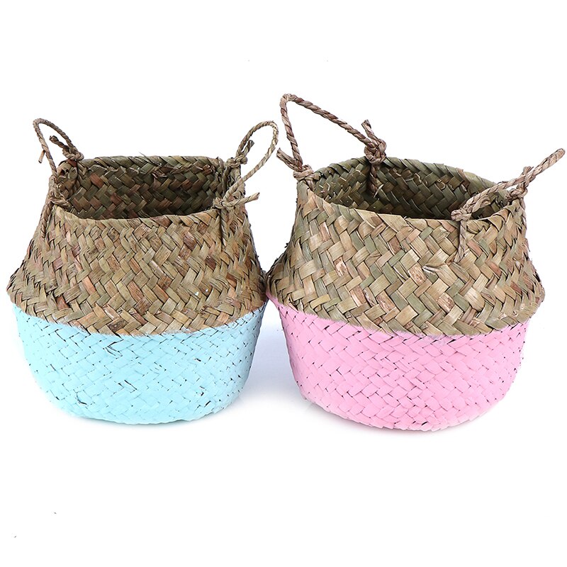 Mini Bambus Lagerung Körbe Faltbare Wäsche Stroh Patchwork Weide Rattan Seegras Bauch Blumentopf Pflanzer Handgemachte Korb