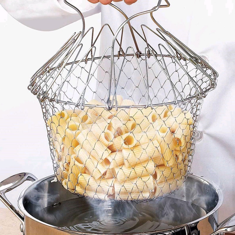 1Pc Rvs Opvouwbare Steam Rinse Strain Fry Olie Fry Chef Basket Mesh Mesh Mand Zeef Netto Keuken Koken tool
