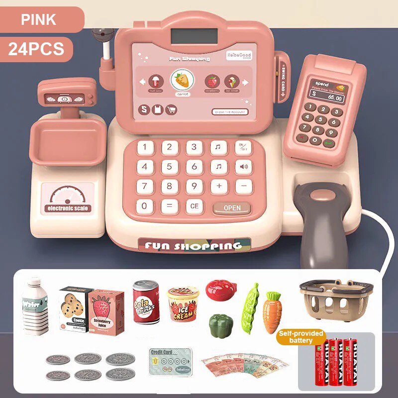 Caja Registradora de juguete para supermercado para niños, simulación de deslizamiento, cálculo, tienda de conveniencia, caja registradora: 24PCS Pink