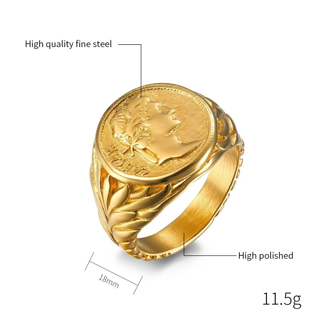 Anillos Vintage de César del Imperio Romano para hombre, anillos de acero inoxidable de Color plateado/dorado con cabeza de César, joyería de
