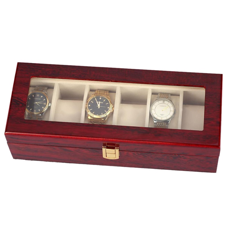 Caja de exhibición de reloj de madera para hombre, organizador de almacenamiento de joyería superior de cristal, , 6