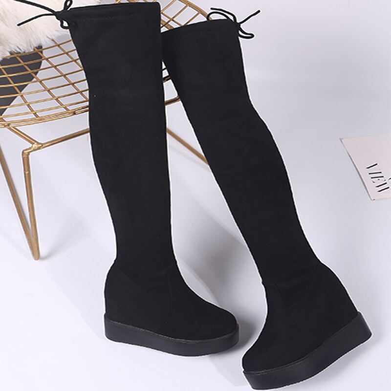 Cuissardes daim plate-forme bottes d'hiver femmes sur le genou bottes compensées talons hauts fourrure chaussures femme bottes longues