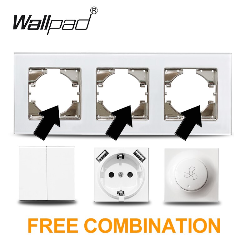 3 EU Shuko Socket Wallpad Luxury White Crystal Glass Triple Frame 16A Plug EU Shuko Standard Wall Socket with Claws Mounting