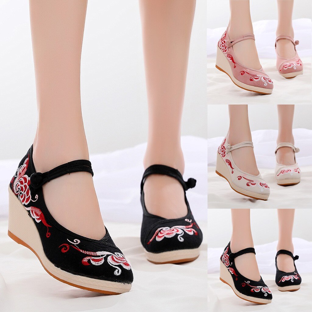 Women's Wedges Flowers Embroidered Canvas Shoes Chinese Style Casual Shoes black Folk Flower Embroideried Fabric Wedge shoes#smt