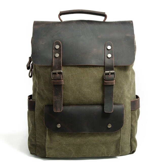 Multifunctionele herenrugzak vintage canvas rugzak leren schooltas neutrale draagbare slijtvaste reistas: Legergroen