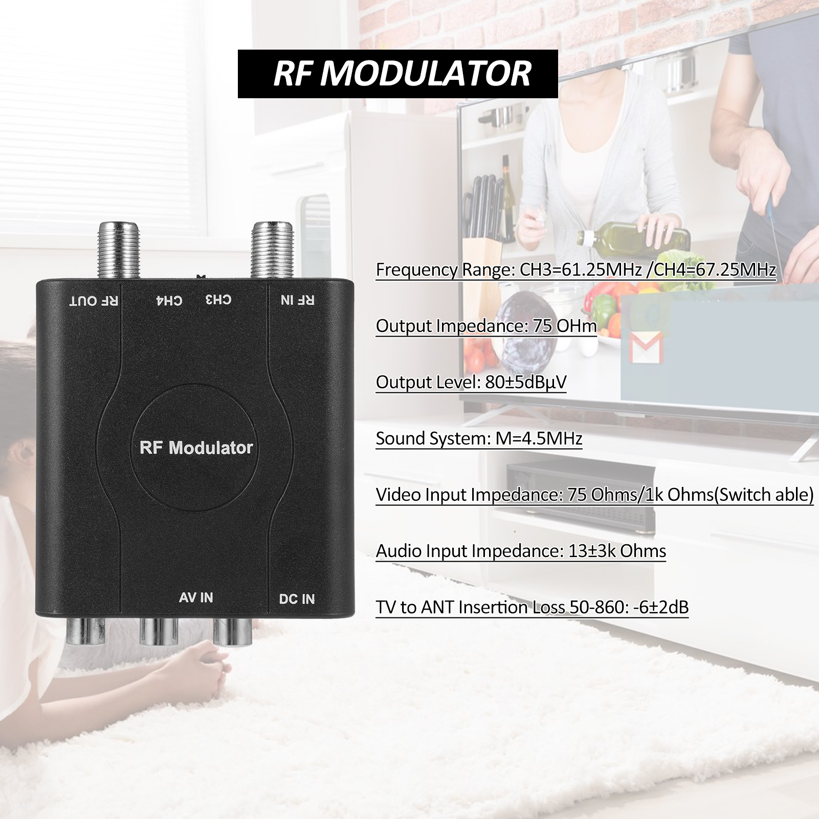 HF-Modulator AV-HF-Wandler NTSC Ch3/Ch4-Kanäle Video-Eingangs Adapter HD-UKW-Demodulator-Konverter für Catv-System
