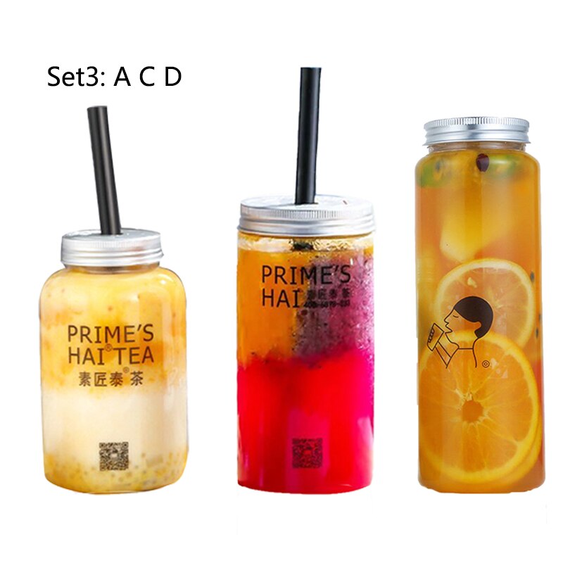 500ml plastic drinkflessen met aluminium deksels, wegwerpflessen met doorzichtige drank en water, brede hals voor snoep en thee.: Set 3