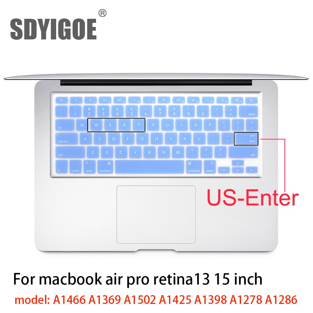 Dla Apple naklejki pokrywa klawiatury laptopa silikonowy futerał kolor silikonowy Film ue/usa dla macbook pro13/15 air13 A1278A1398A1466/1502: US-enter blue