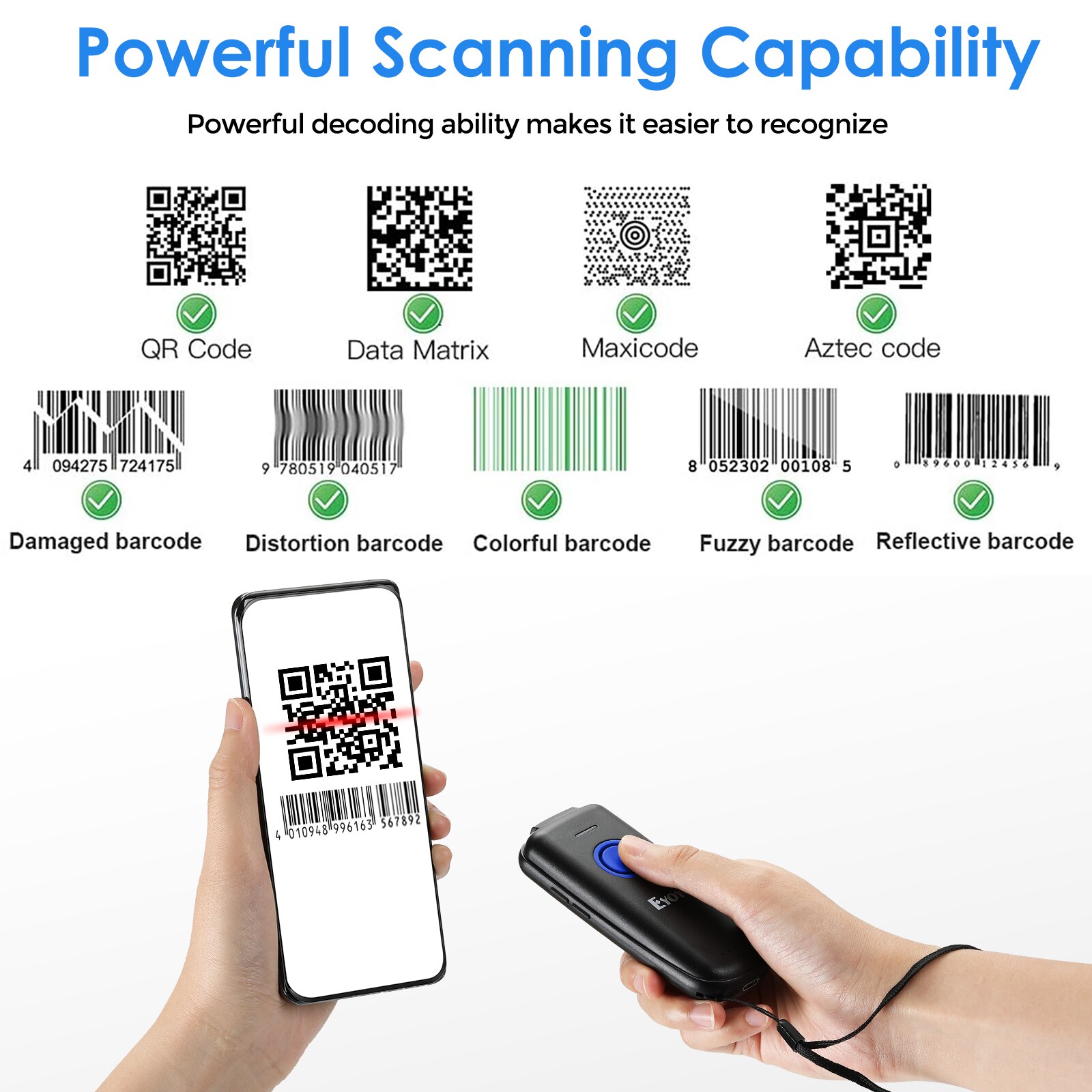 Eyoyo EY-023 QR Code Scanner Bluetooth Tragbare 2D Bar Code Scanner Kompatibel USB 2,4 GHz Drahtlose Bluetooth Barcode Reader