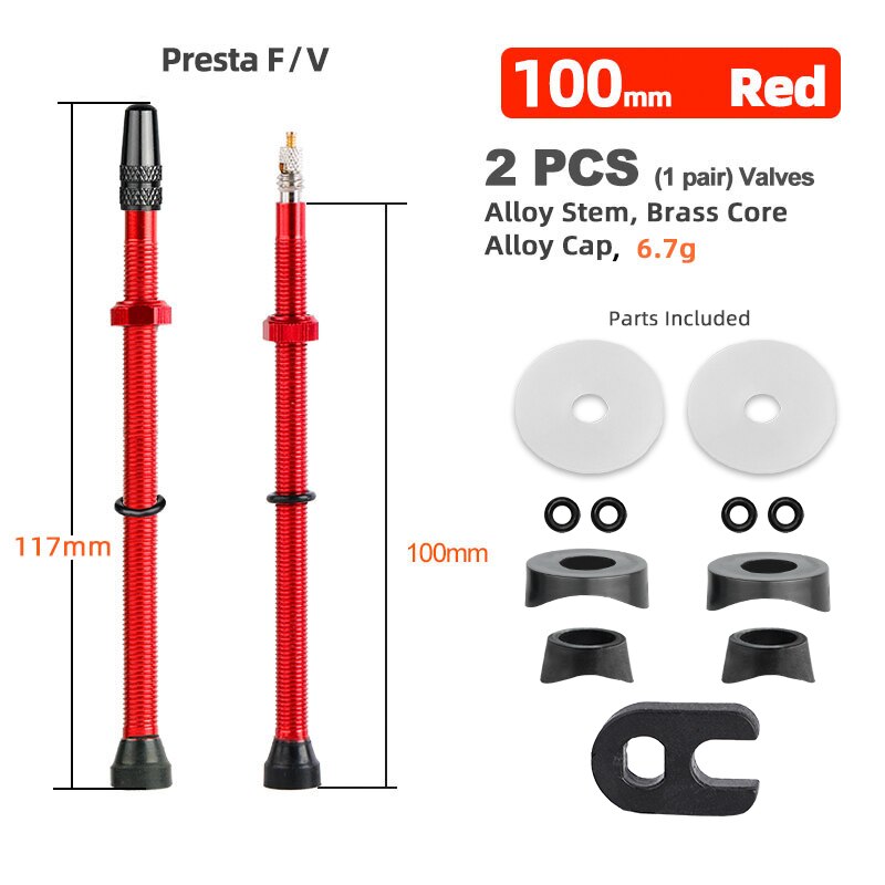 Deemount 2PCS Bicycle Tubeless Tire Presta Valve Brass Core Optional Brass Alloy Stem 40/60/80/100/120mm W/ Alloy Cap &amp; Tool: 100mm Alloy Red B