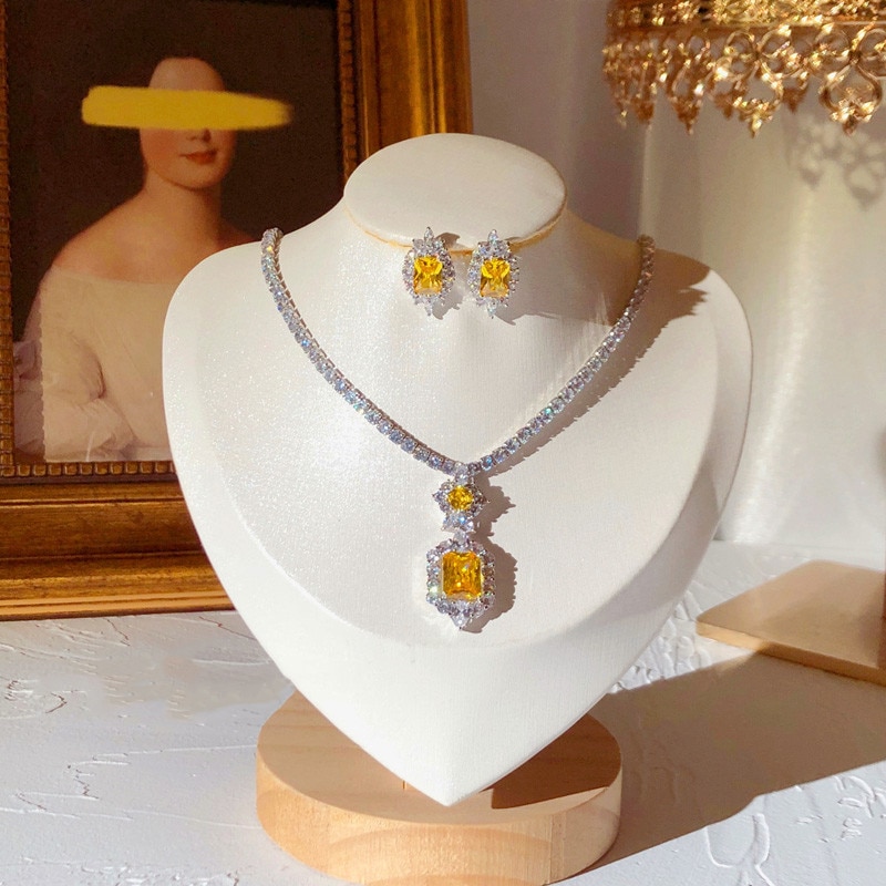 S925 Sterling Silver Fine Jewelry Sets For Women Vintage Bridal Wedding Yellow Cubic Zirconia Necklaces Pendants Earrings