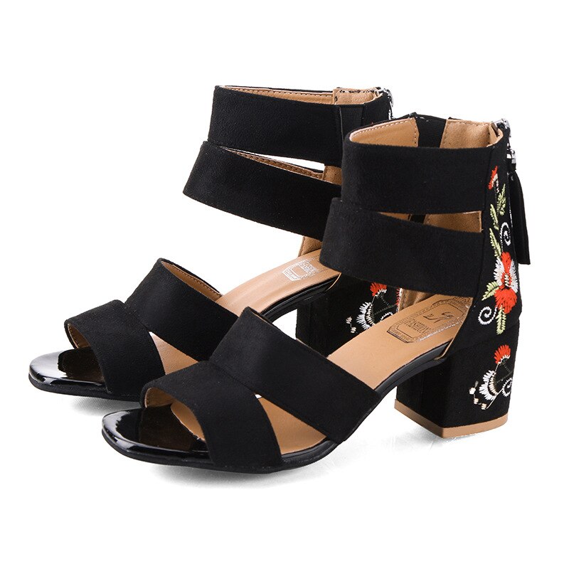 Zapatos mujer Sandalias bordado Floral alto tacón Sandalias de mujeres de etnia Floral Sandalias Zapatos de verano: Black and Red / 37