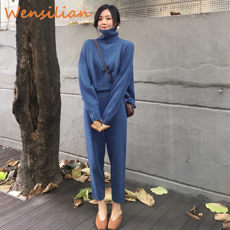Women's Tracksuit Set - Knitted Turtleneck Pullover - 2 Piece Casual Outfit