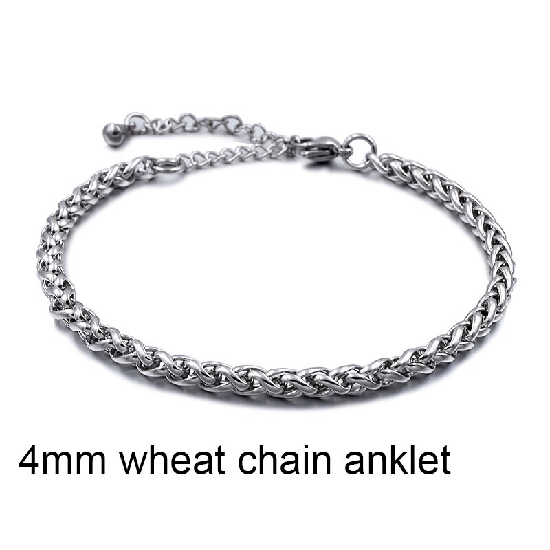 Rustfrit stål strandankler til kvinder tilbehør sølvfarvet smykker på ben ankelarmbånd fodkæde mænd anklet: 4mm hvedekæde