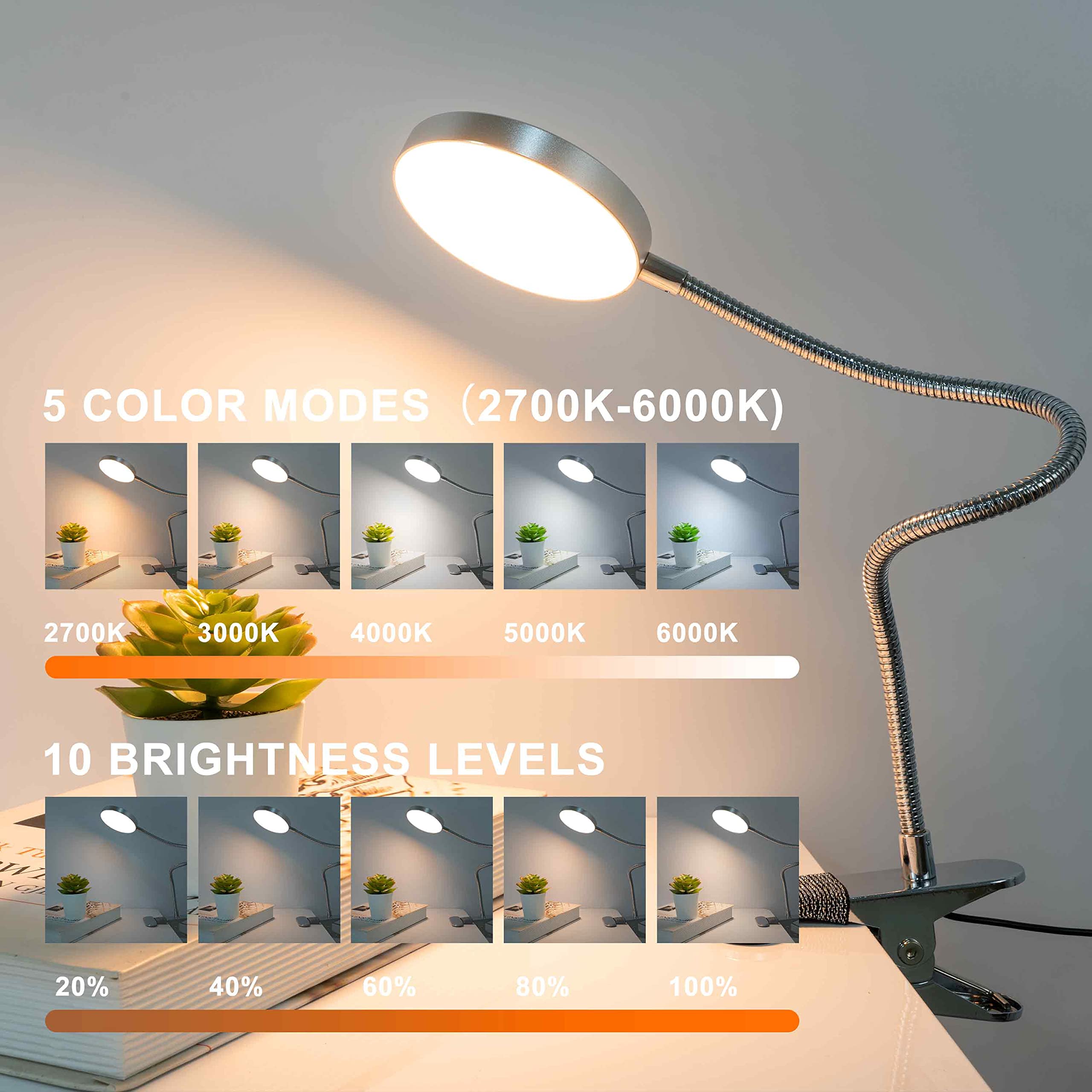 4,7-inch massieve kern cirkelvormig boeklicht USB oplaadbare leeslamp Warm koel wit daglicht Draagbaar flexibel: Zilver